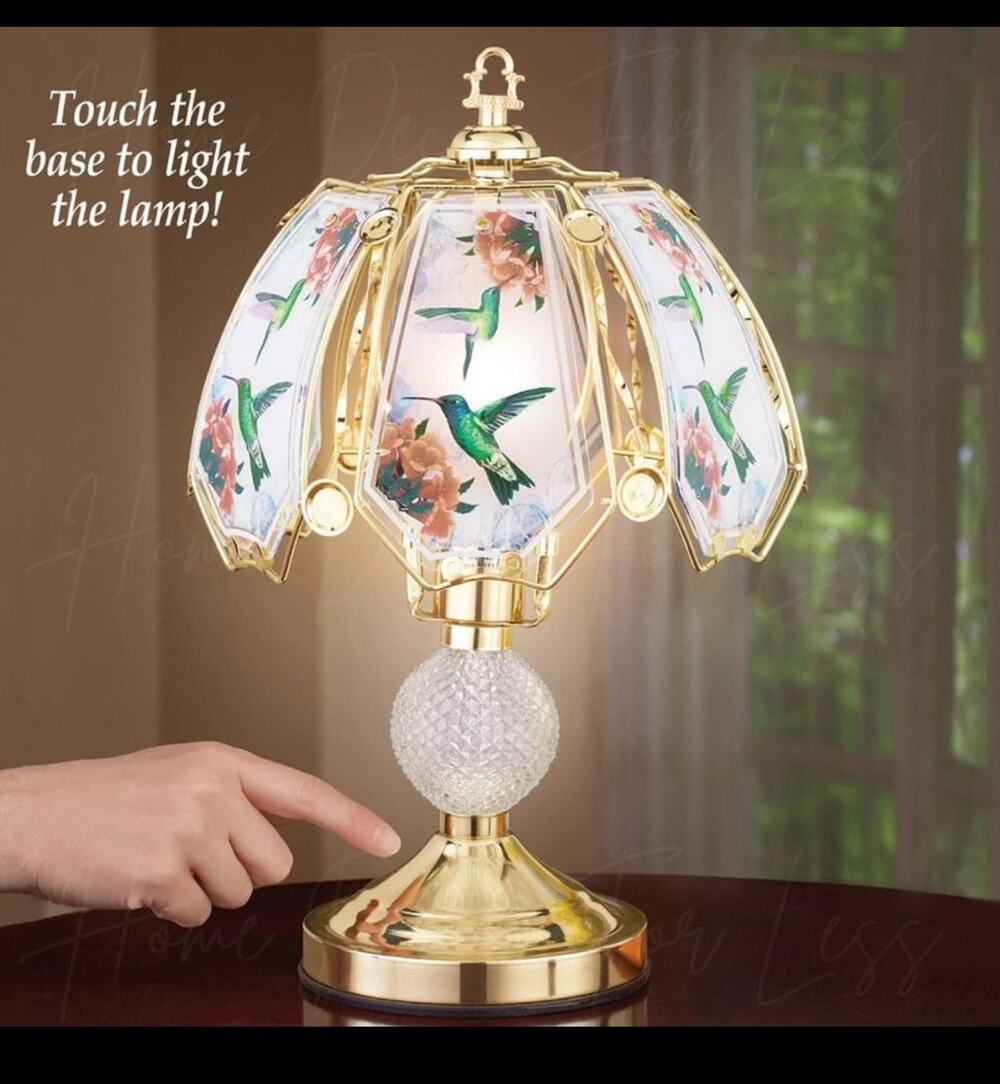 Colorful Hummingbird Scene Glass 3-Way Touch Table Lamp Gold Base Home Decor NEW